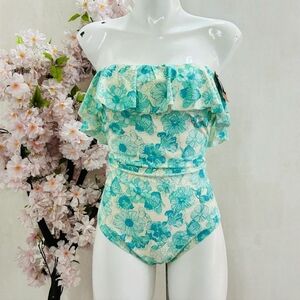 Shade & Shore Cream One-Piece Swimsuit with Teal Floral Ruffle